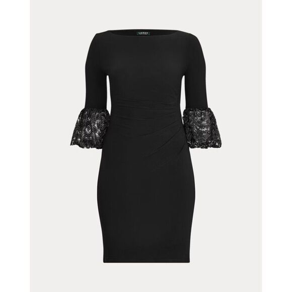 LAUREN RALPH LAUREN Dress Navy Black Lace Bell Sleeve Ruched Sheath Womens Sz 4 - Picture 2 of 12